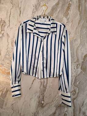 LIFE Women's Blue and White Striped Satin Cropped Long Sleeve Button-Up Shirt